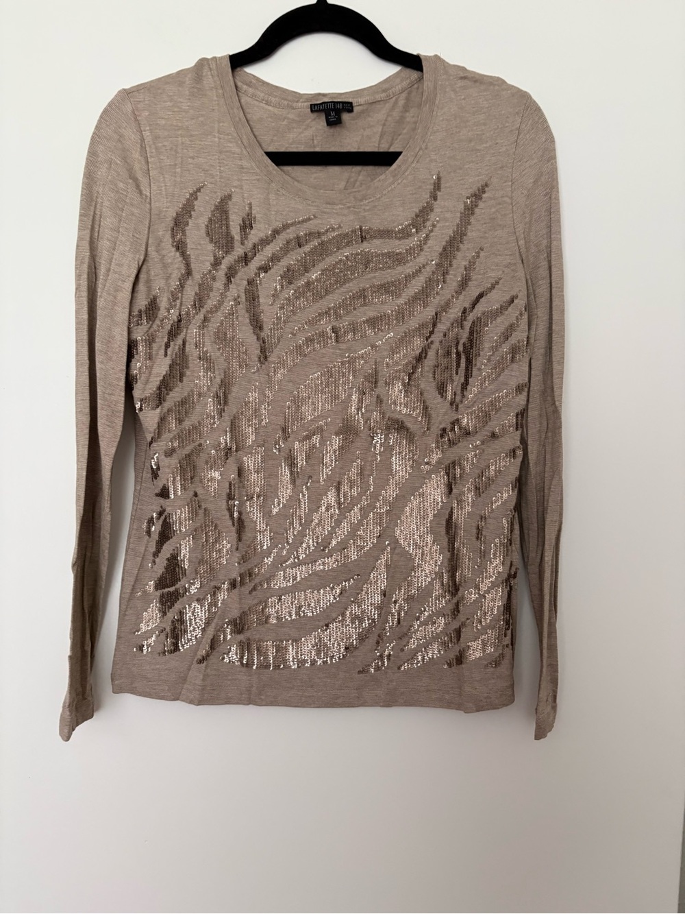 Lafayette 148 New York Taupe Sequin Zebra-Print Long Sleeve Top